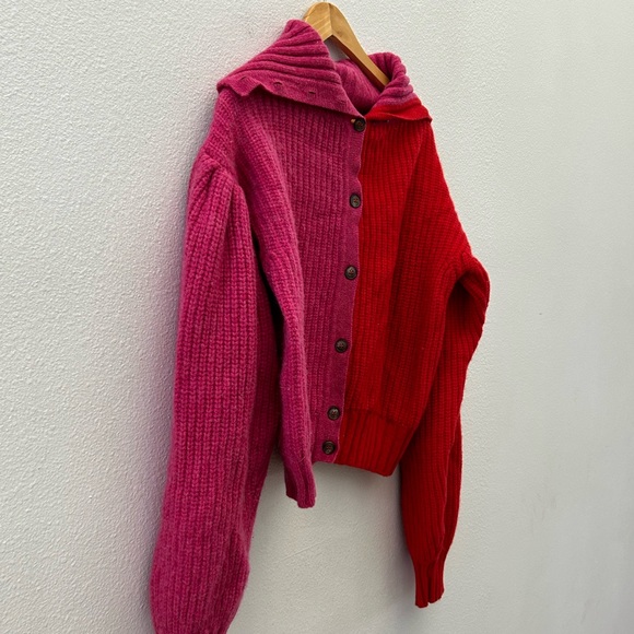 SOMETHING NAVY wool red pink color block cardigan sweater - Picture 10 of 10